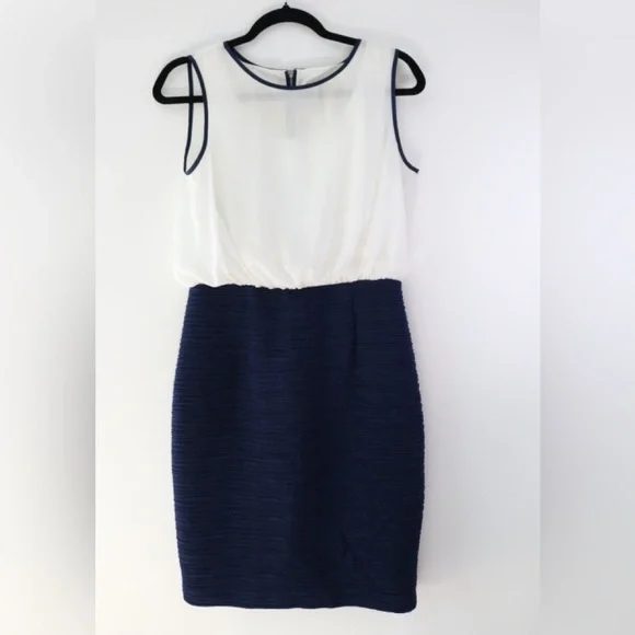 Maeve Anthropologie White Navy Blue Split Back Ruched Sheath Mini Dress Size 6 - Picture 3 of 8